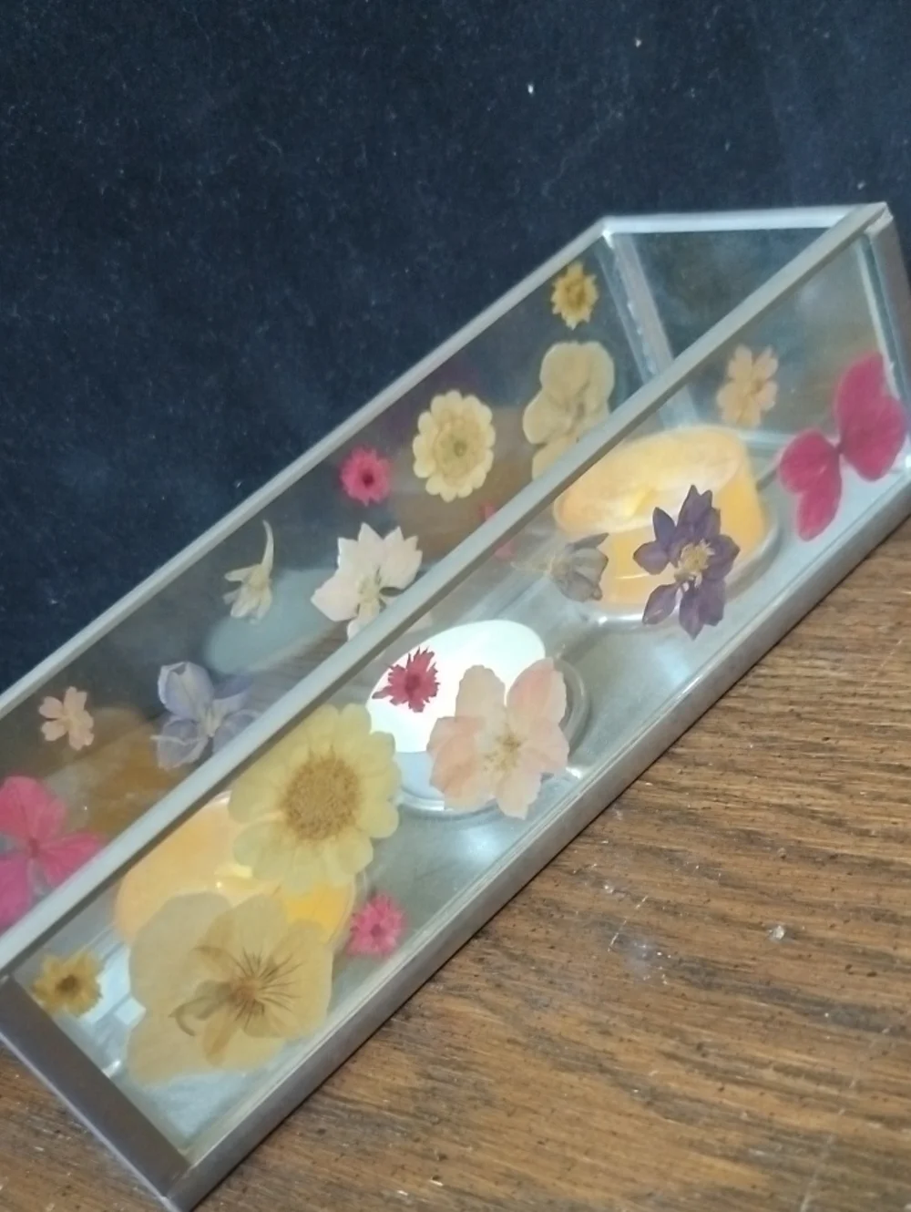 Pressed Flower Glass Tealight Holder - Floral Accent , Vintage